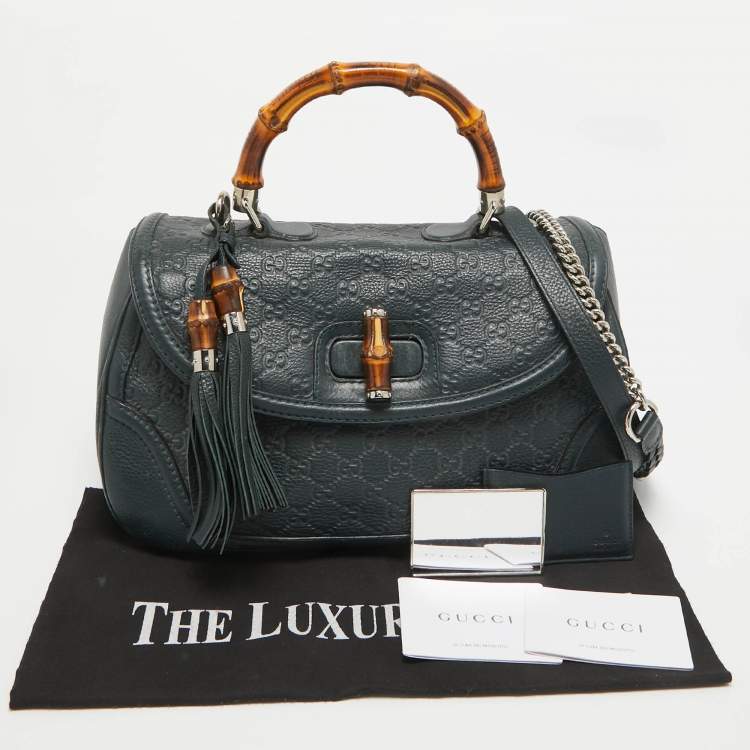 Pre Owned Gucci Navy Blue Leather Large New Bamboo Tassel Top Handle Bag