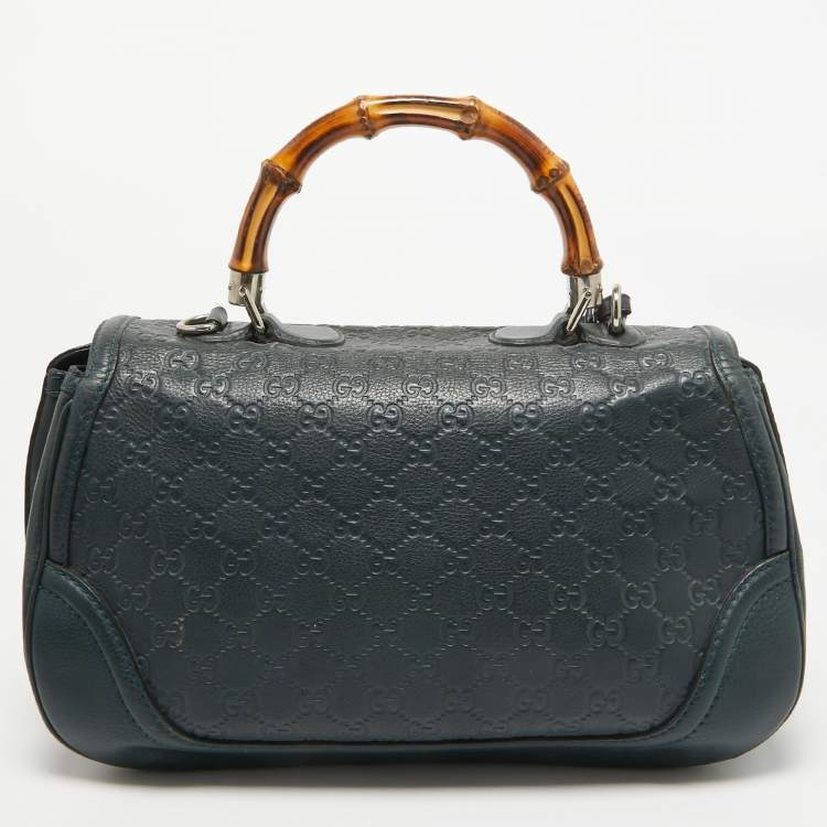 Pre Owned Gucci Navy Blue Leather Large New Bamboo Tassel Top Handle Bag