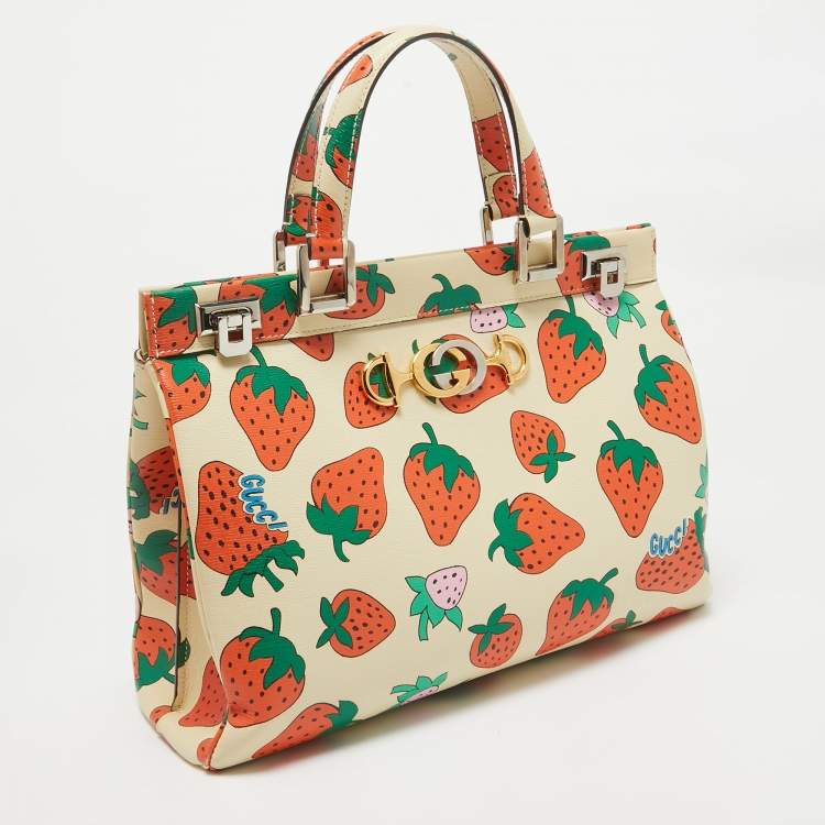 Pre Owned Gucci Multicolor Strawberry Print Leather Medium Zumi Tote