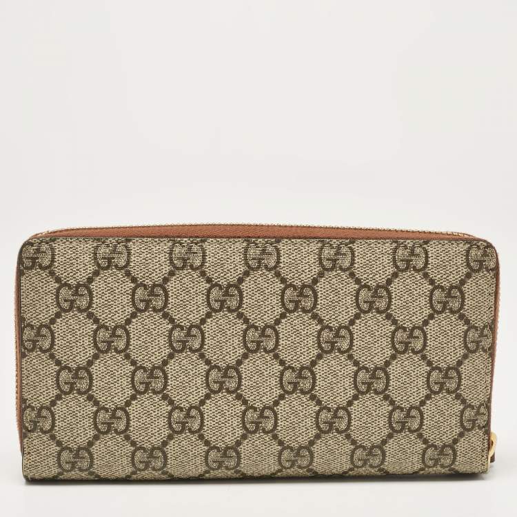 Pre Owned Gucci Beige Bee Printed GG Supreme Canvas Zip Around Continental Wallet