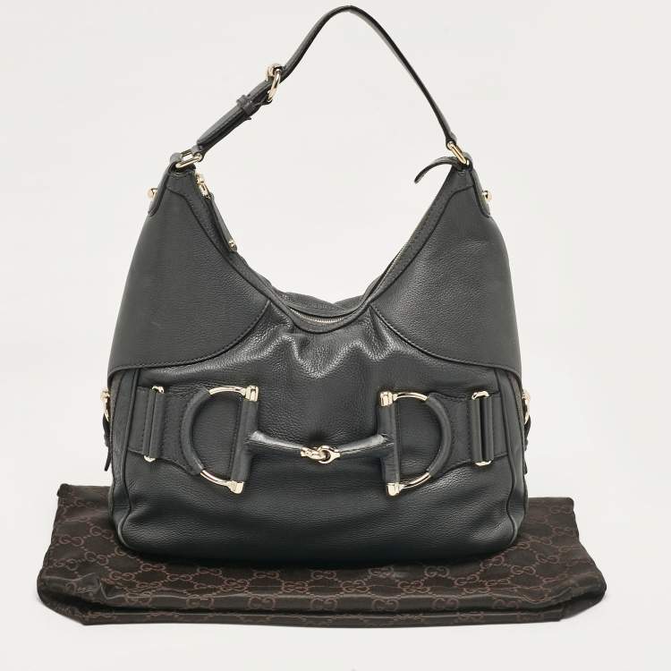 مملوكة مسبقًا Gucci Dark Grey Leather Medium Web Horsebit Heritage Hobo
