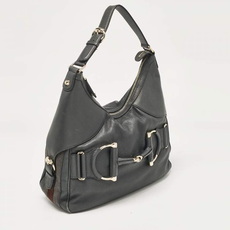 مملوكة مسبقًا Gucci Dark Grey Leather Medium Web Horsebit Heritage Hobo