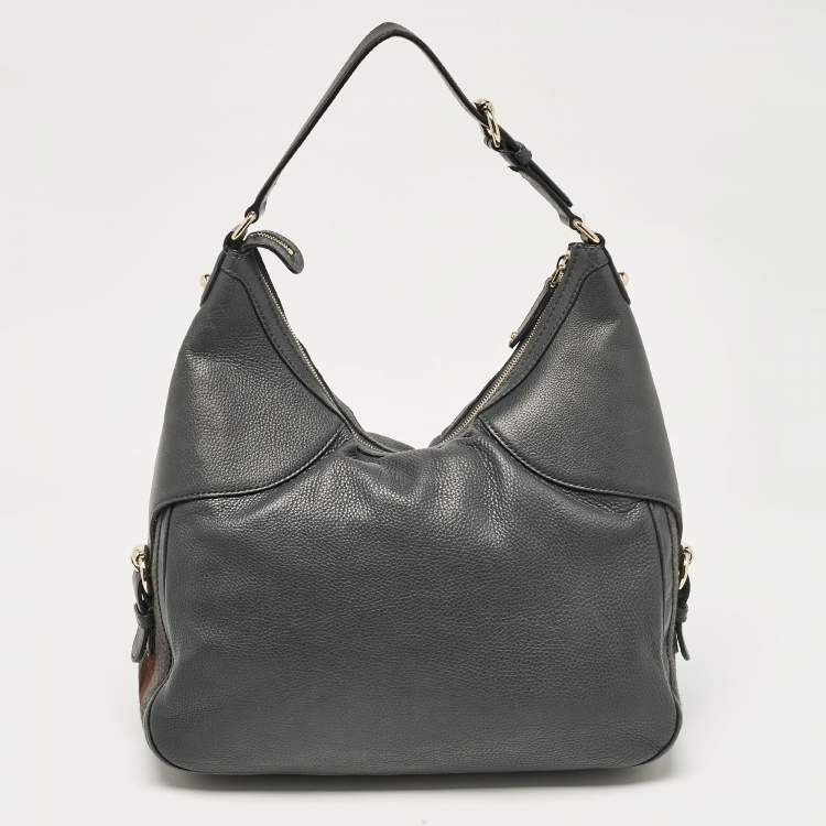 مملوكة مسبقًا Gucci Dark Grey Leather Medium Web Horsebit Heritage Hobo