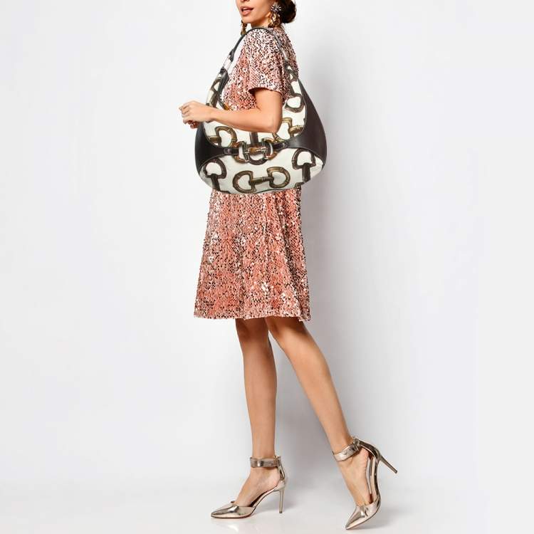Pre Owned Gucci Dark Brown/Natural Print Canvas Bamboo Horsebit Amalfi Hobo
