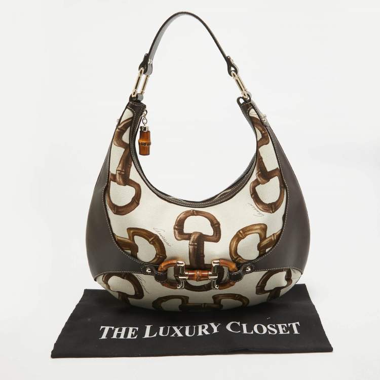 Pre Owned Gucci Dark Brown/Natural Print Canvas Bamboo Horsebit Amalfi Hobo