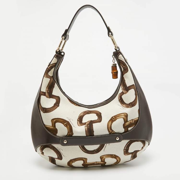 Pre Owned Gucci Dark Brown/Natural Print Canvas Bamboo Horsebit Amalfi Hobo