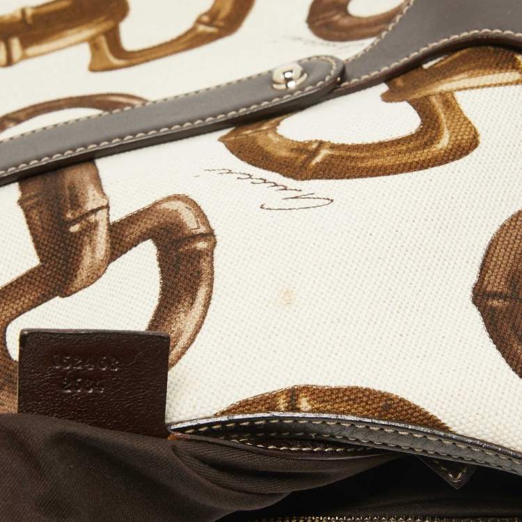 Pre Owned Gucci Dark Brown/Natural Print Canvas Bamboo Horsebit Amalfi Hobo