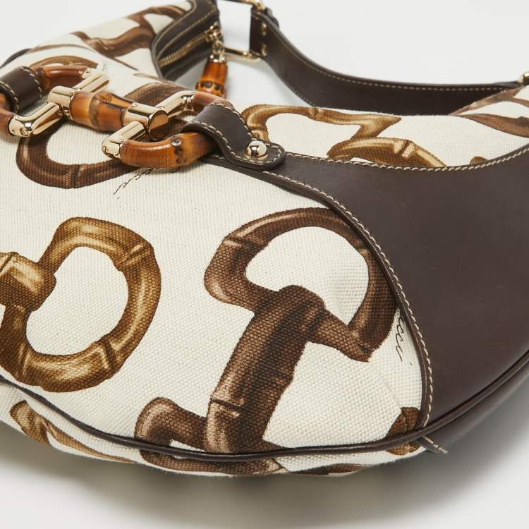 Pre Owned Gucci Dark Brown/Natural Print Canvas Bamboo Horsebit Amalfi Hobo