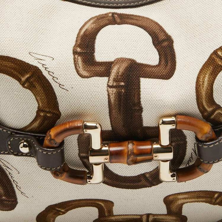 Pre Owned Gucci Dark Brown/Natural Print Canvas Bamboo Horsebit Amalfi Hobo