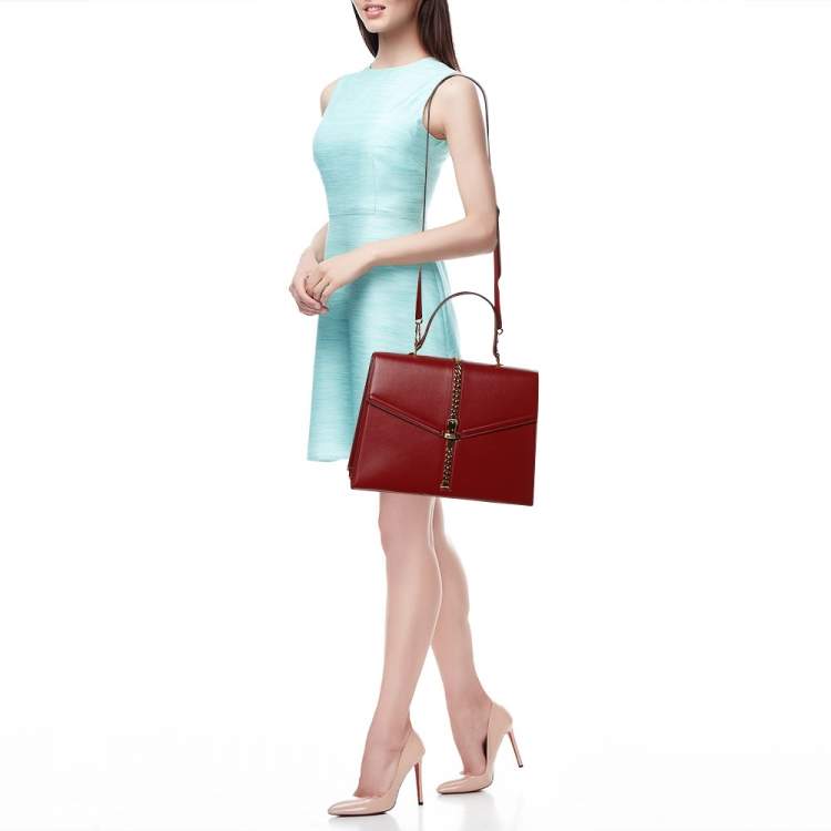 Pre Owned Gucci Red Leather Sylvie 1969 Top Handle Bag