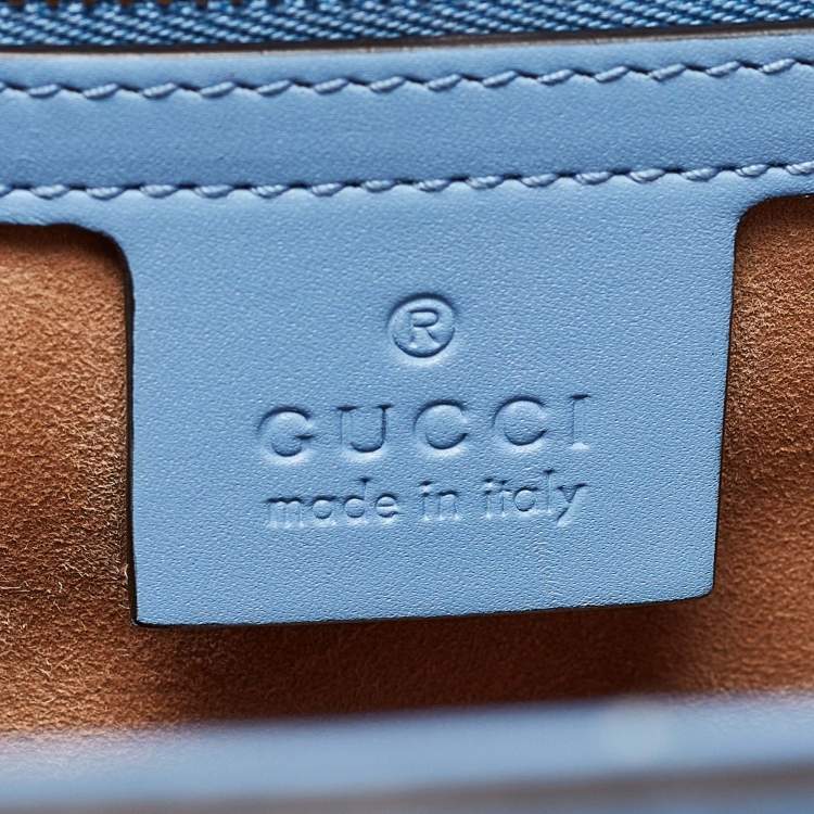 Pre Owned Gucci Blue Leather Medium Floral Embroidered Sylvie Top Handle Bag