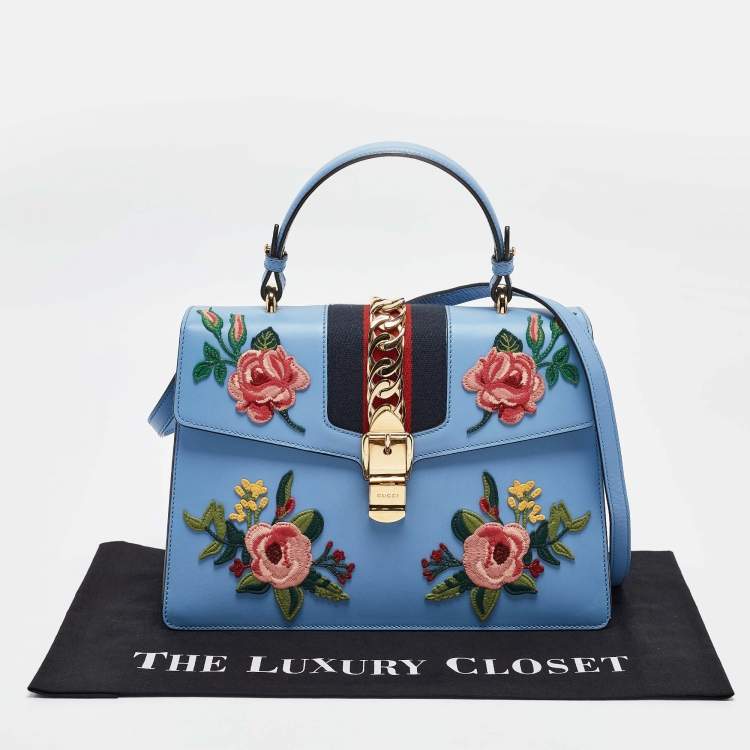 Pre Owned Gucci Blue Leather Medium Floral Embroidered Sylvie Top Handle Bag