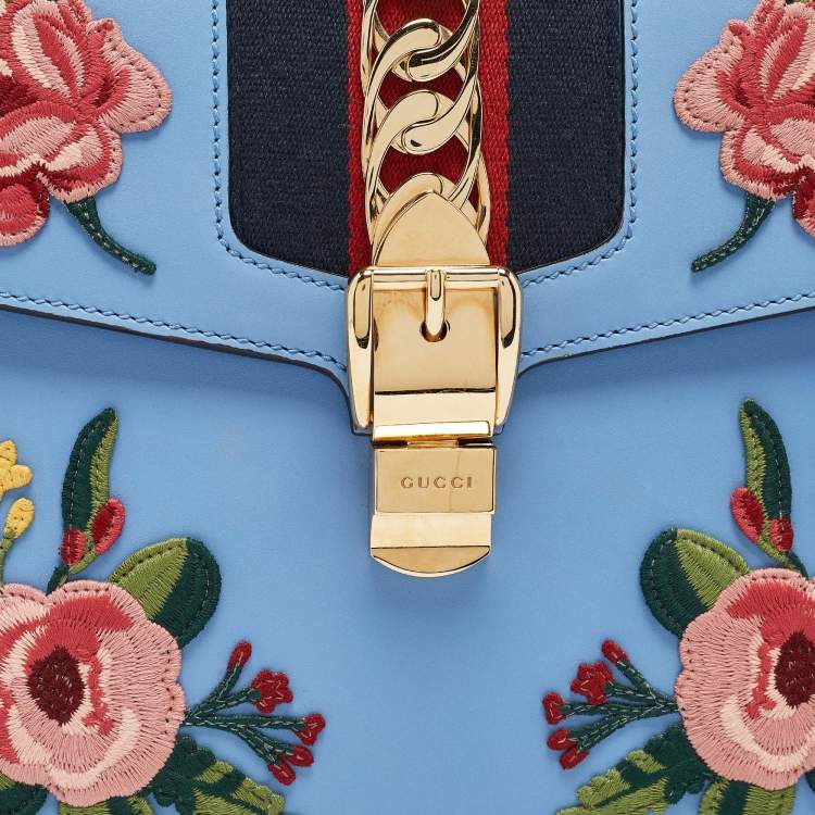 Pre Owned Gucci Blue Leather Medium Floral Embroidered Sylvie Top Handle Bag