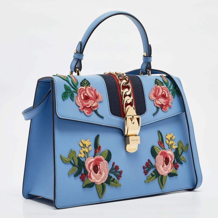 Pre Owned Gucci Blue Leather Medium Floral Embroidered Sylvie Top Handle Bag