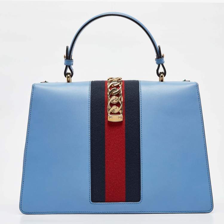 Pre Owned Gucci Blue Leather Medium Floral Embroidered Sylvie Top Handle Bag