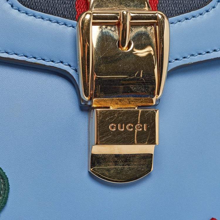 Pre Owned Gucci Blue Leather Medium Floral Embroidered Sylvie Top Handle Bag