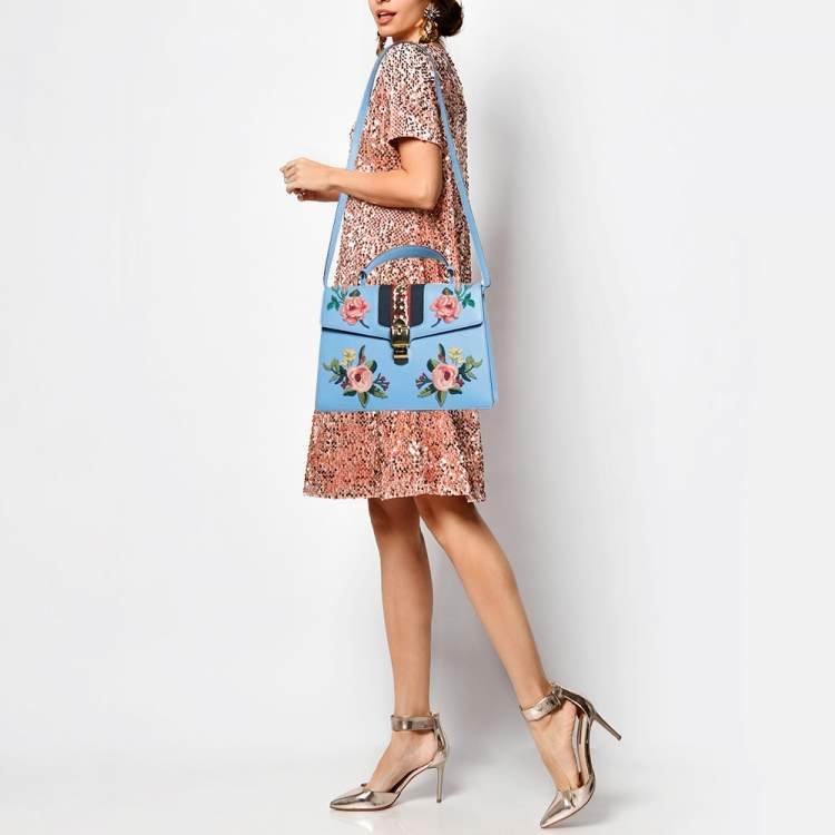 Pre Owned Gucci Blue Leather Medium Floral Embroidered Sylvie Top Handle Bag