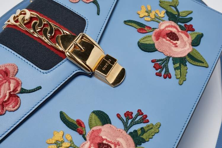 Pre Owned Gucci Blue Leather Medium Floral Embroidered Sylvie Top Handle Bag