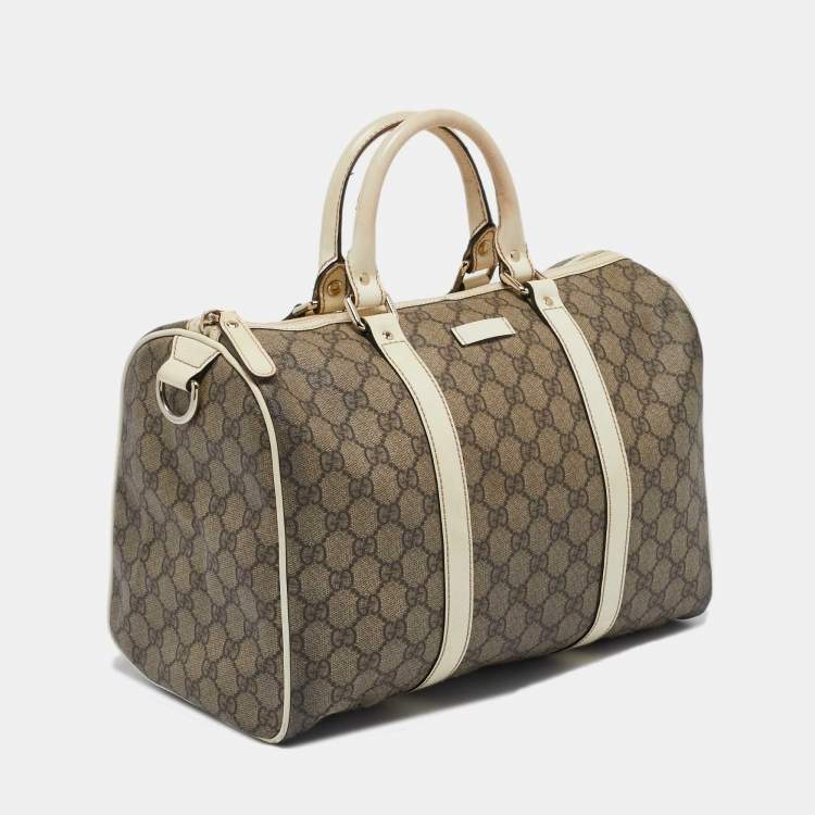 Pre Owned Gucci Beige/White GG Supreme Canvas and Leather Medium Joy Boston Bag