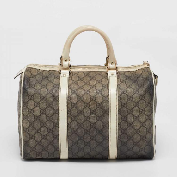 Pre Owned Gucci Beige/White GG Supreme Canvas and Leather Medium Joy Boston Bag