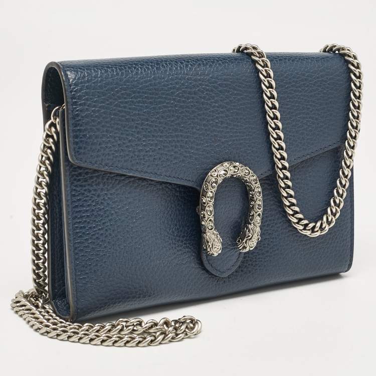 Pre Owned Gucci Dark Blue Leather Mini Dionysus Wallet on Chain 
