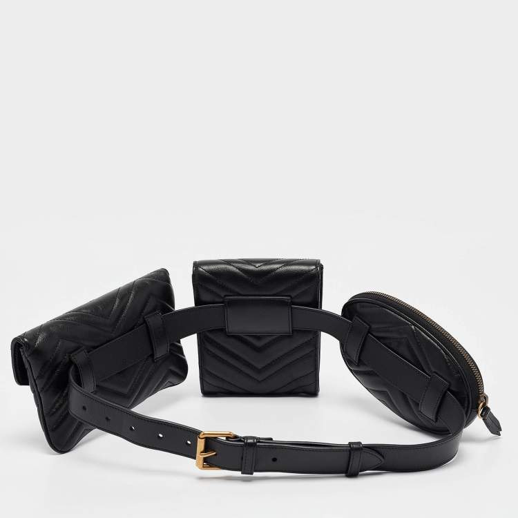 Pre Owned Gucci Black Matelassé Leather GG Marmont 2.0 Multi Belt Bag
