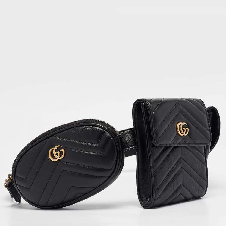 Pre Owned Gucci Black Matelassé Leather GG Marmont 2.0 Multi Belt Bag