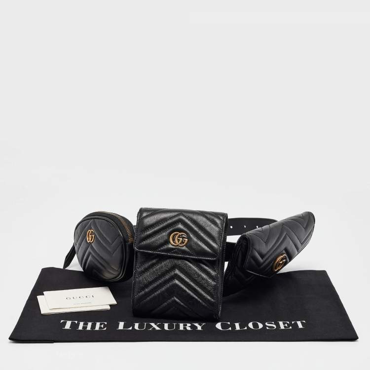 Pre Owned Gucci Black Matelassé Leather GG Marmont 2.0 Multi Belt Bag