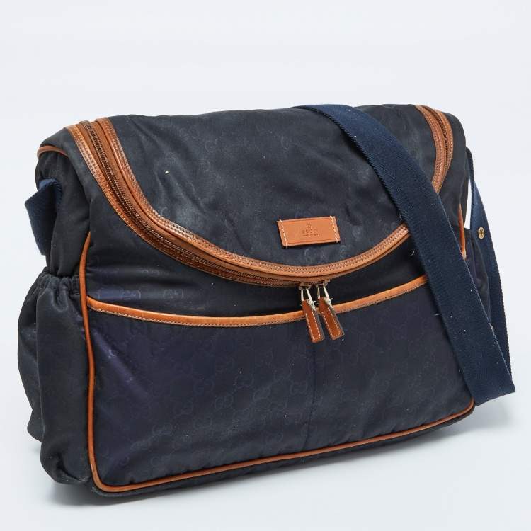 Pre Owned Gucci Navy Blue GG Monogram Nylon and Leather Diaper Bag