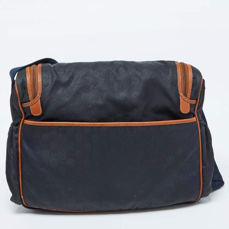 Pre Owned Gucci Navy Blue GG Monogram Nylon and Leather Diaper Bag