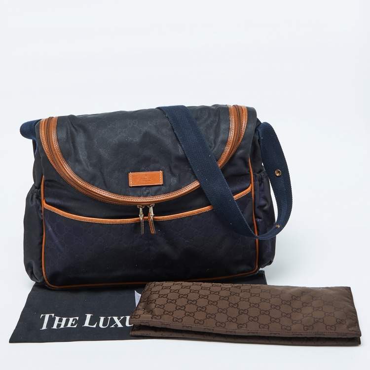 Pre Owned Gucci Navy Blue GG Monogram Nylon and Leather Diaper Bag