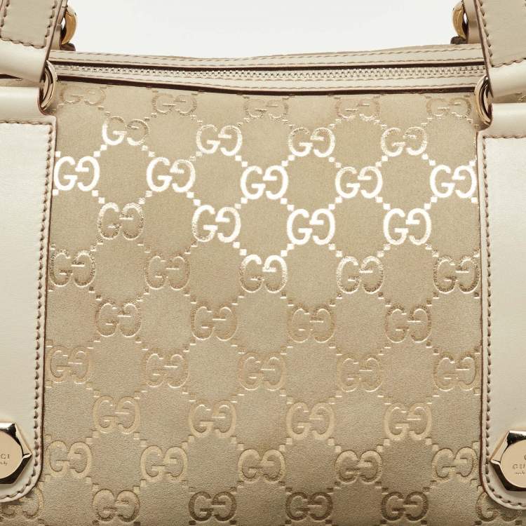 Pre Owned Gucci Off-White GG Suede and Leather Charmy Boston Bag