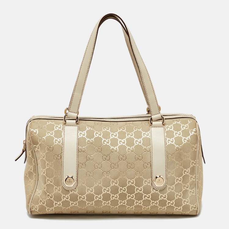 Pre Owned Gucci Off-White GG Suede and Leather Charmy Boston Bag