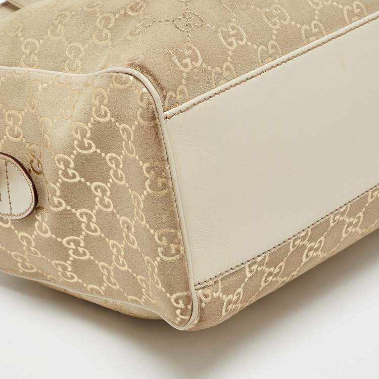 Pre Owned Gucci Off-White GG Suede and Leather Charmy Boston Bag