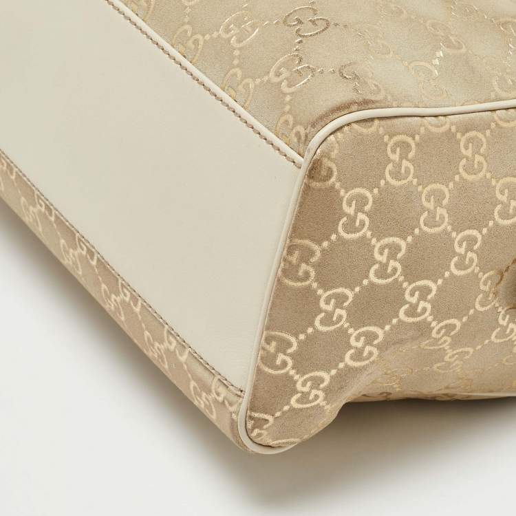 Pre Owned Gucci Off-White GG Suede and Leather Charmy Boston Bag