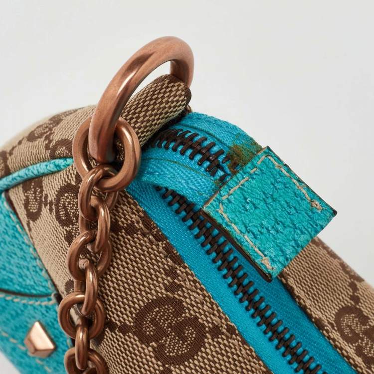 Pre Owned Gucci Beige/Blue GG Canvas and Leather Baguette Bag