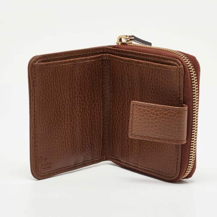 Pre Owned Gucci Beige/Brown GG Canvas and Leather Emblem Zip Mini Wallet