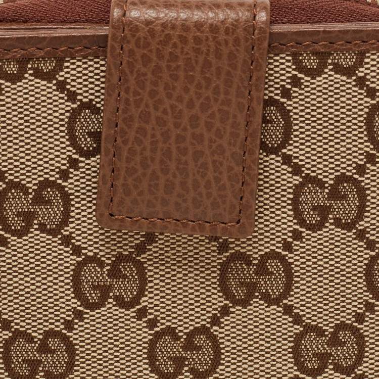 Pre Owned Gucci Beige/Brown GG Canvas and Leather Emblem Zip Mini Wallet