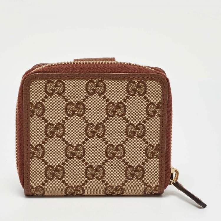 Pre Owned Gucci Beige/Brown GG Canvas and Leather Emblem Zip Mini Wallet