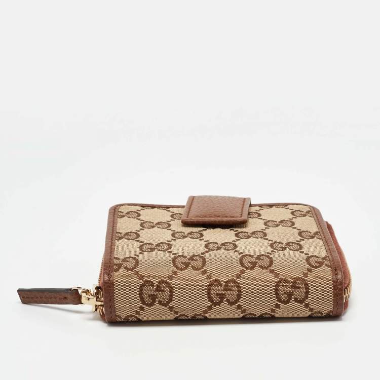 Pre Owned Gucci Beige/Brown GG Canvas and Leather Emblem Zip Mini Wallet