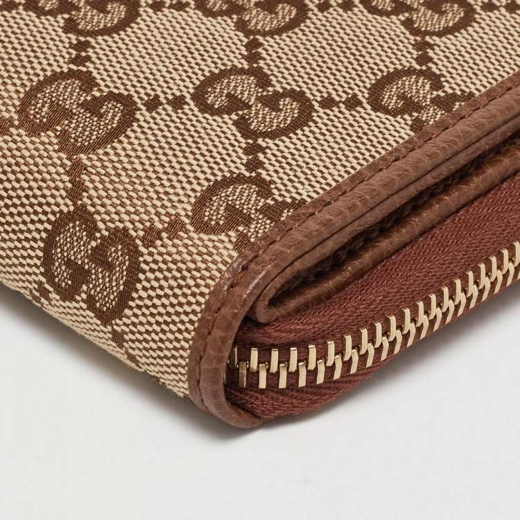 Pre Owned Gucci Beige/Brown GG Canvas and Leather Emblem Zip Mini Wallet