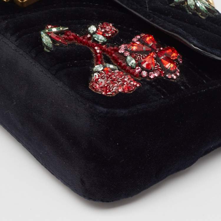Pre Owned Gucci Black Matelassé Velvet Mini Crystals Embellished GG Marmont Shoulder Bag