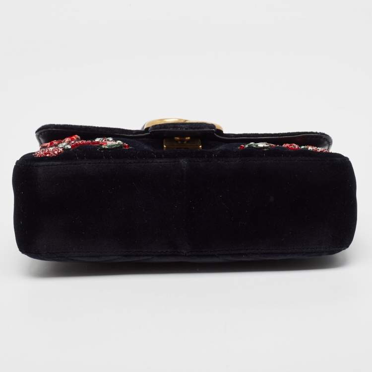 Pre Owned Gucci Black Matelassé Velvet Mini Crystals Embellished GG Marmont Shoulder Bag