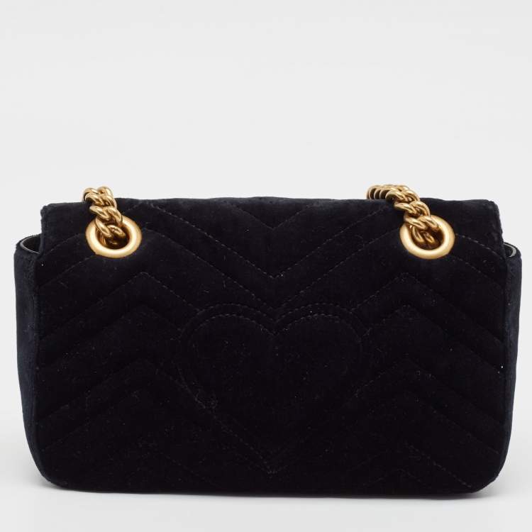 Pre Owned Gucci Black Matelassé Velvet Mini Crystals Embellished GG Marmont Shoulder Bag
