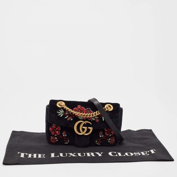 Pre Owned Gucci Black Matelassé Velvet Mini Crystals Embellished GG Marmont Shoulder Bag