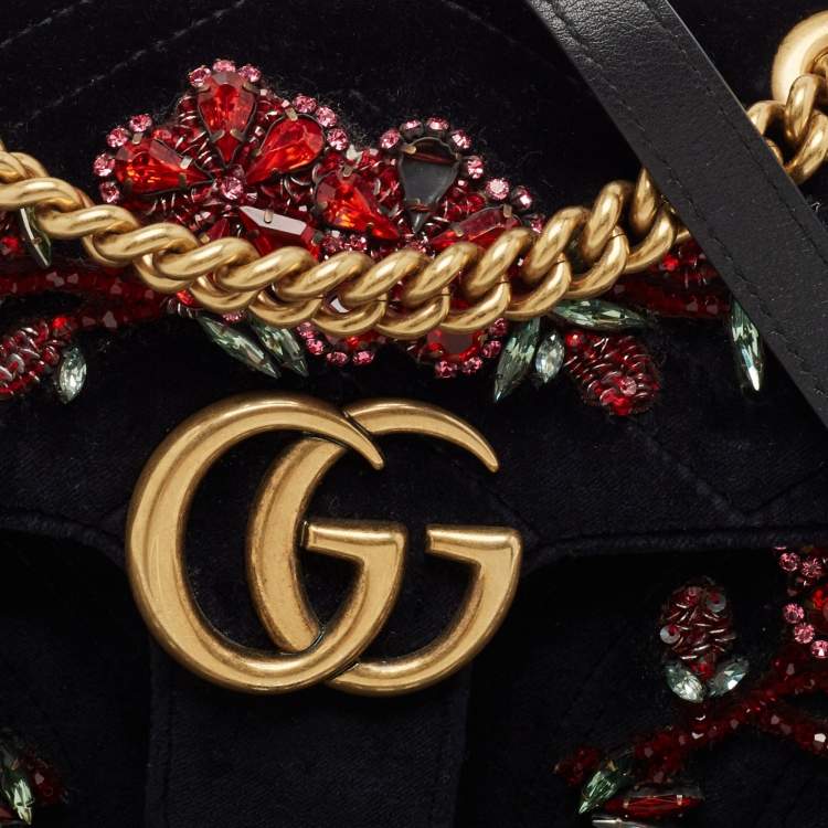 Pre Owned Gucci Black Matelassé Velvet Mini Crystals Embellished GG Marmont Shoulder Bag
