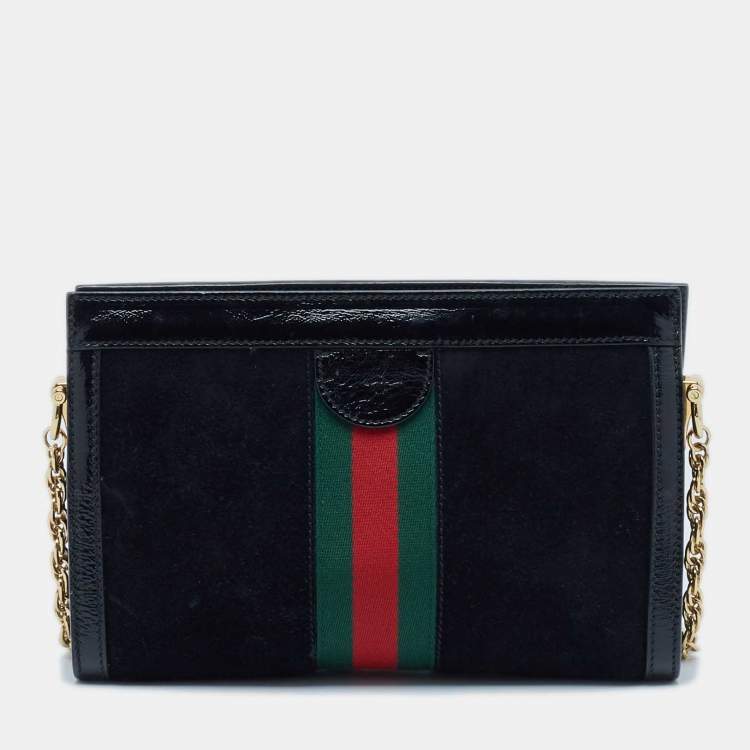 Pre Owned Gucci Black Patent Leather and Suede Small Ophidia Shoulder Bag