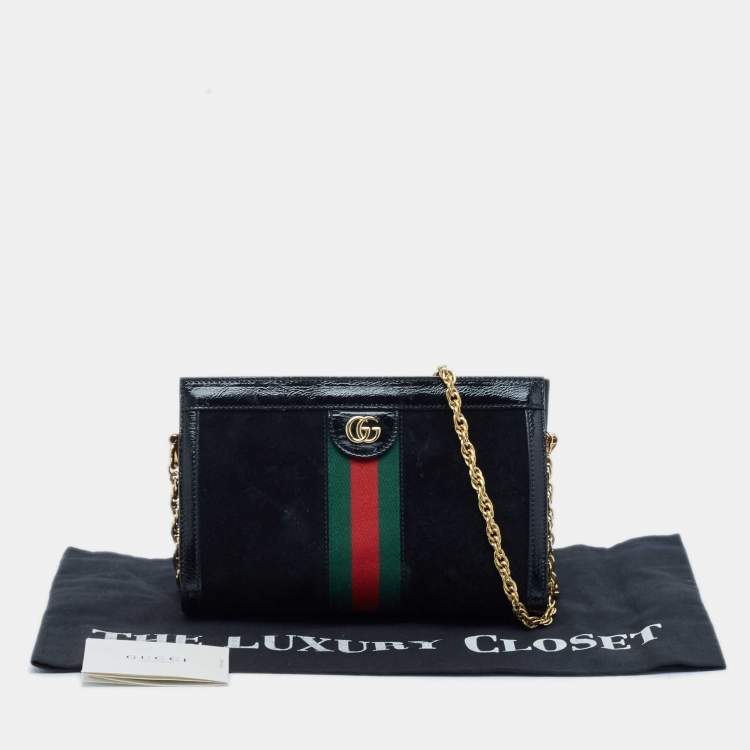 Pre Owned Gucci Black Patent Leather and Suede Small Ophidia Shoulder Bag