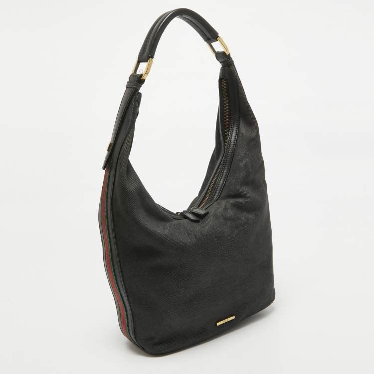 Pre Owned Gucci Black Denim and Leather Web Hobo