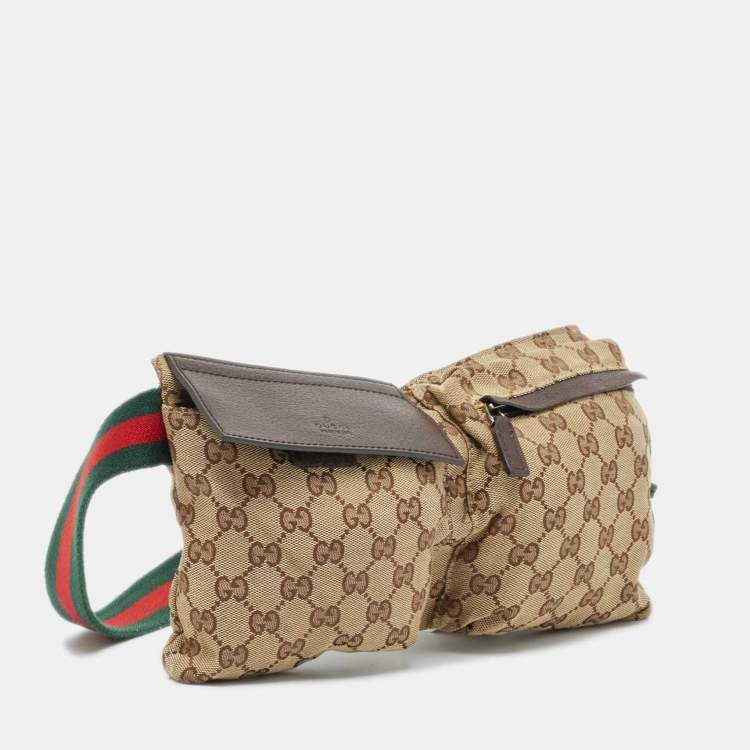 Pre Owned Gucci Beige/Brown GG Canvas and Leather Double Pocket Belt Bag